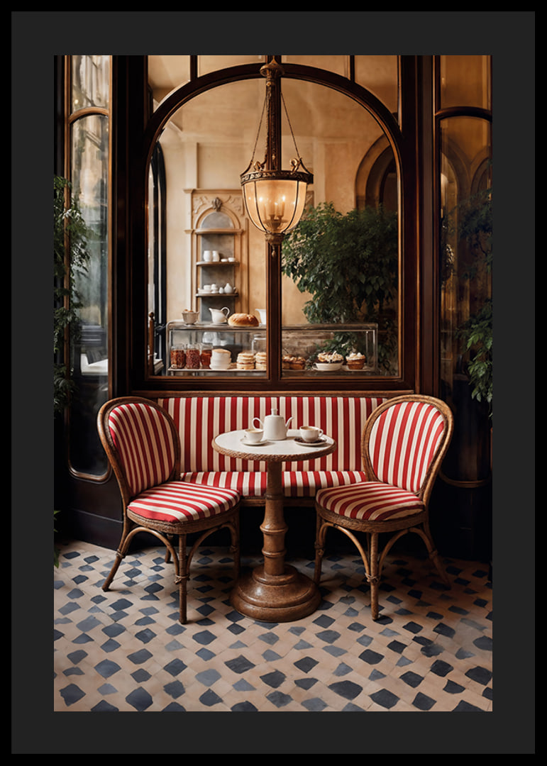 Klassiskt cafébord med rödvitrandiga stolar i varm belysning-12