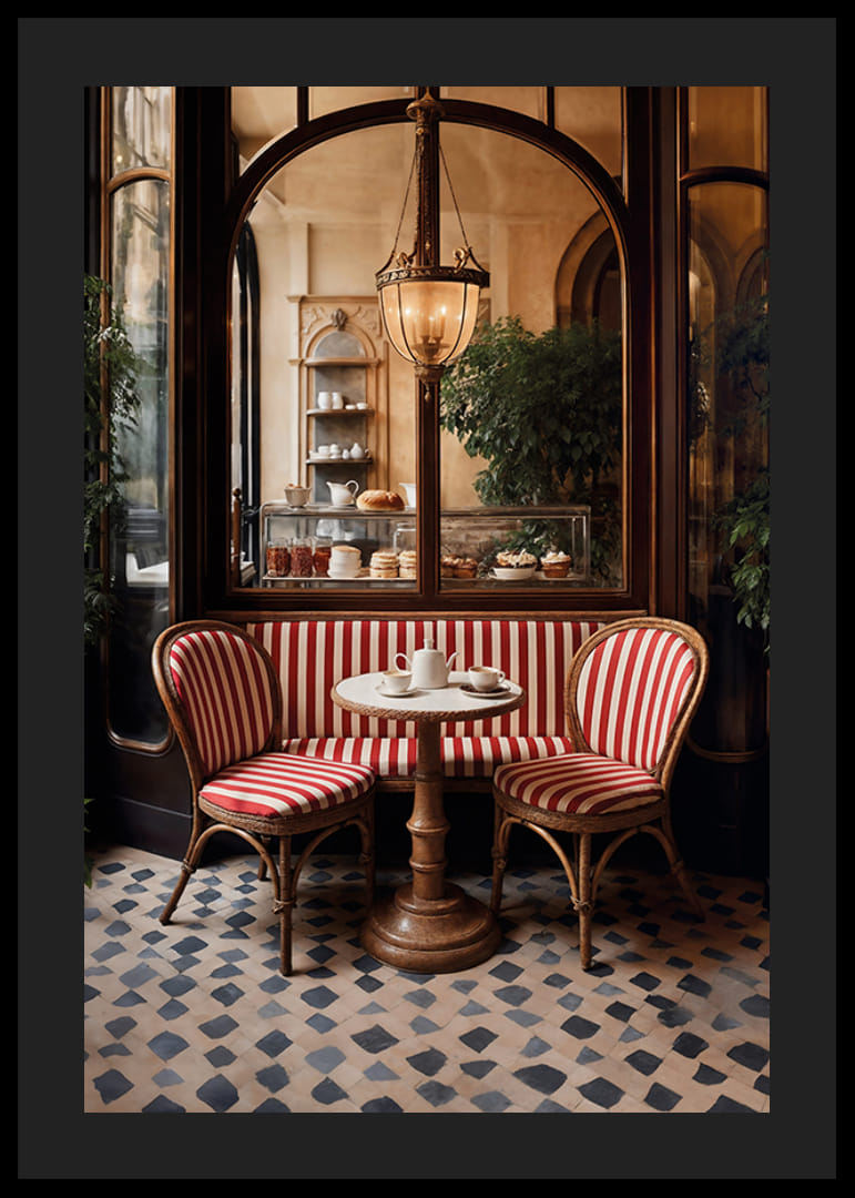 Klassiskt cafébord med rödvitrandiga stolar i varm belysning-12