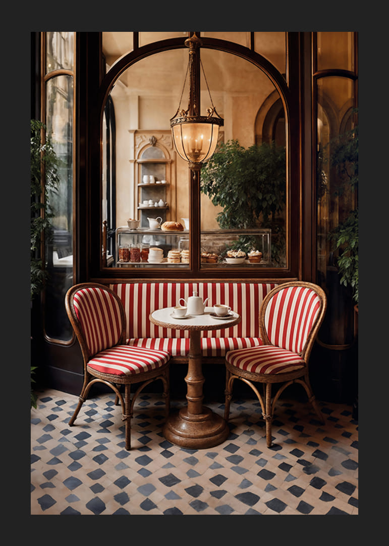 Klassiskt cafébord med rödvitrandiga stolar i varm belysning-12