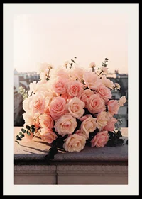 Close-up of bouquet of light pink roses against city skyline-2