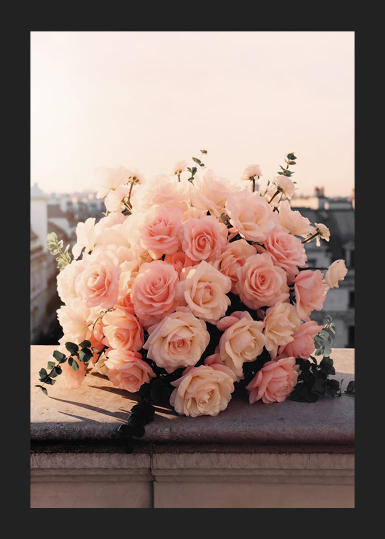 Nahaufnahme eines Straußes hellrosa Rosen vor der Skyline der Stadt-12