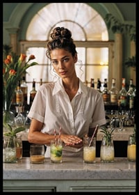 Kvinna i vit skjorta bakom bardisk med färgglada cocktails-6