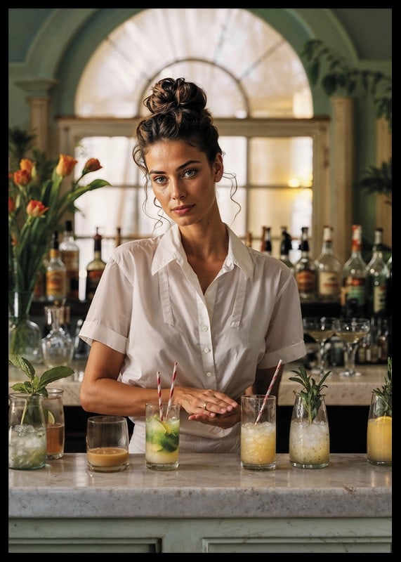 Kvinna i vit skjorta bakom bardisk med färgglada cocktails-12