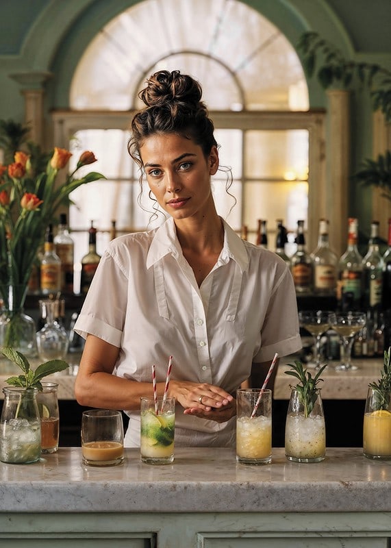 Kvinna i vit skjorta bakom bardisk med färgglada cocktails-12