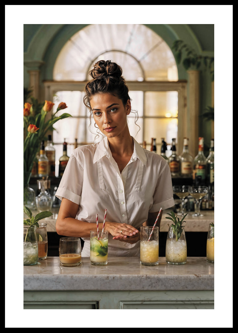 Kvinna i vit skjorta bakom bardisk med färgglada cocktails-12