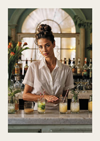 Kvinna i vit skjorta bakom bardisk med färgglada cocktails-3
