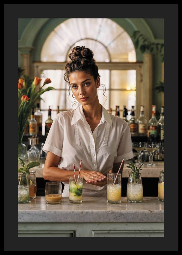 Kvinna i vit skjorta bakom bardisk med färgglada cocktails-12