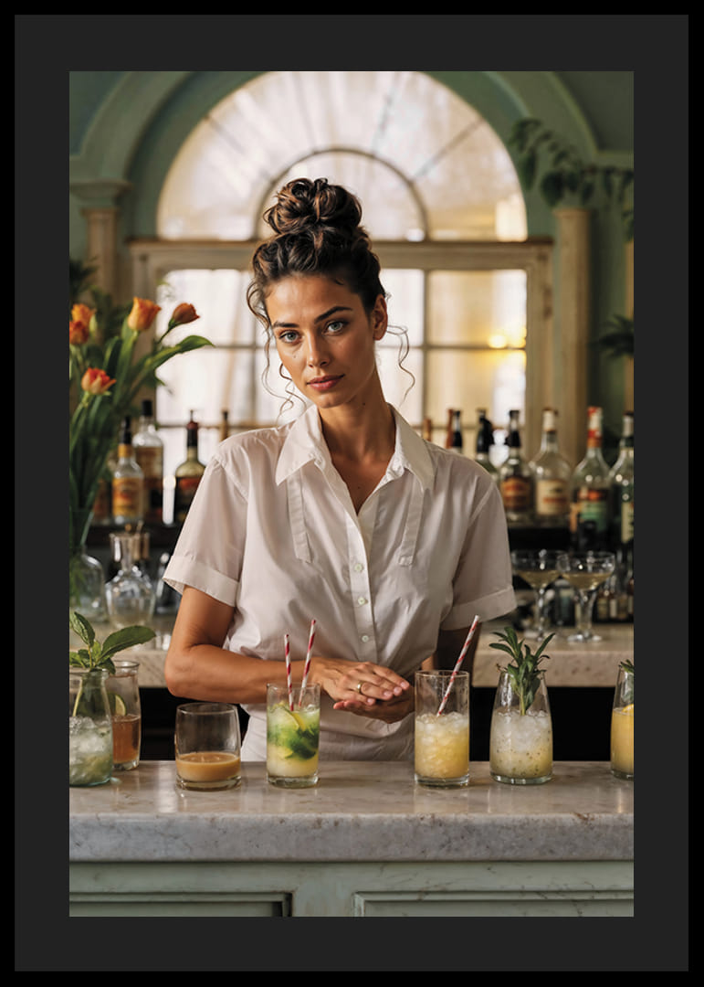 Kvinne i hvit skjorte bak bardisk med fargerike cocktailer-12