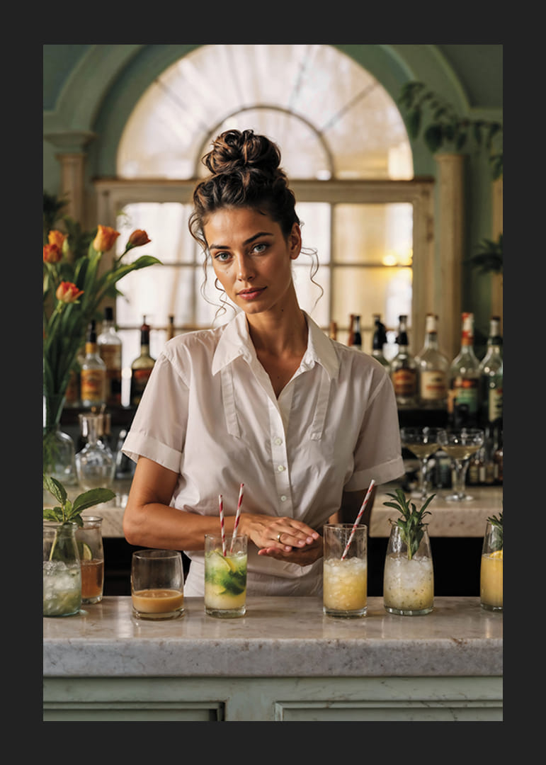 Kvinne i hvit skjorte bak bardisk med fargerike cocktailer-12