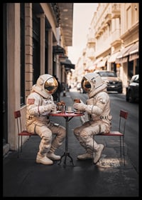 Two astronauts in white suits having coffee at a table outdoors-6