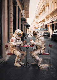 Two astronauts in white suits having coffee at a table outdoors-7