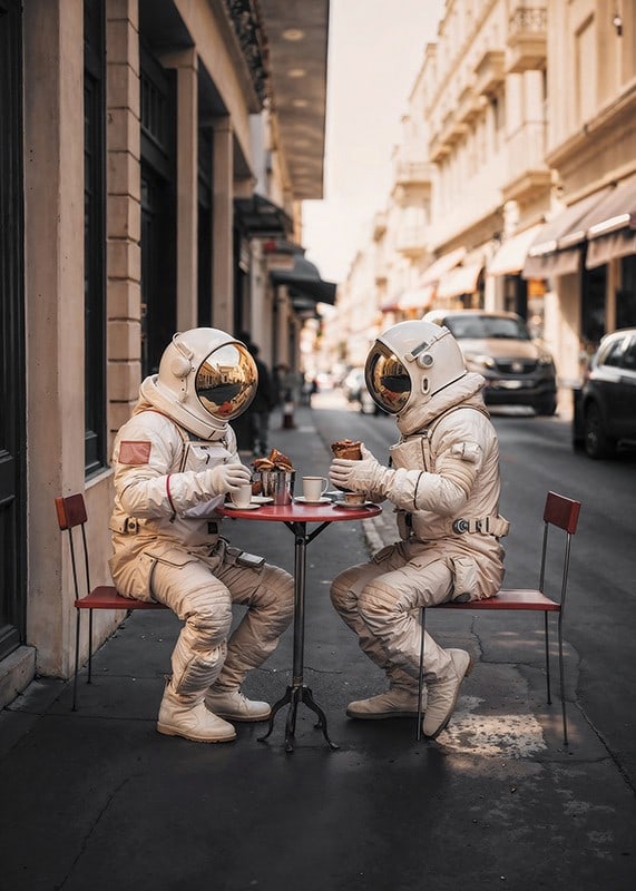 Two astronauts in white suits having coffee at a table outdoors-12