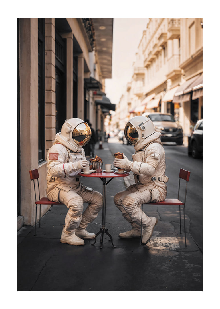 Two astronauts in white suits having coffee at a table outdoors-12