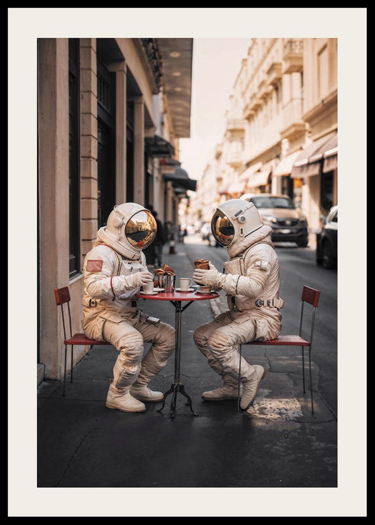 Two astronauts in white suits having coffee at a table outdoors-12
