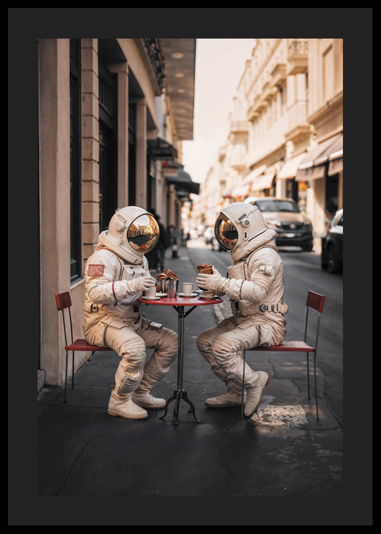 Två astronauter i vita dräkter fikar vid ett bord utomhus-12