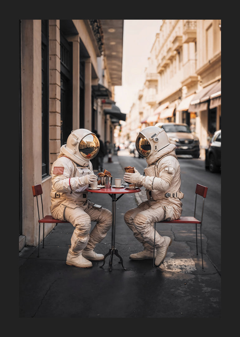 Two astronauts in white suits having coffee at a table outdoors-12