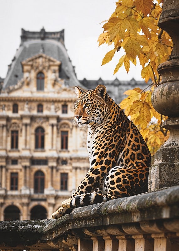 Fotografický jaguár na kamennom zábradlí pred historickou budovou-12