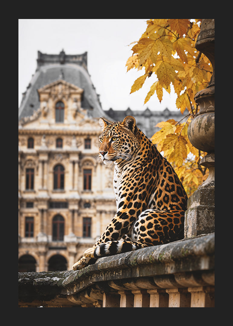Fotografický jaguár na kamennom zábradlí pred historickou budovou-12
