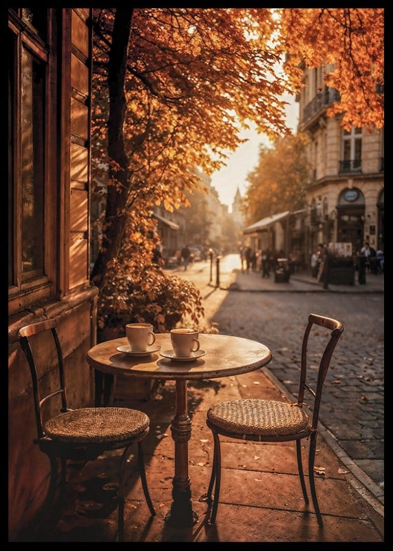 Café-Tisch mit zwei Stühlen auf einer gepflasterten Straße zwischen Herbstlaub-12