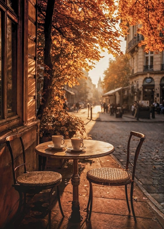 Café-Tisch mit zwei Stühlen auf einer gepflasterten Straße zwischen Herbstlaub-12