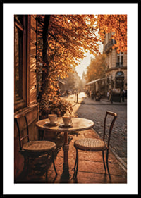 Café-Tisch mit zwei Stühlen auf einer gepflasterten Straße zwischen Herbstlaub-0
