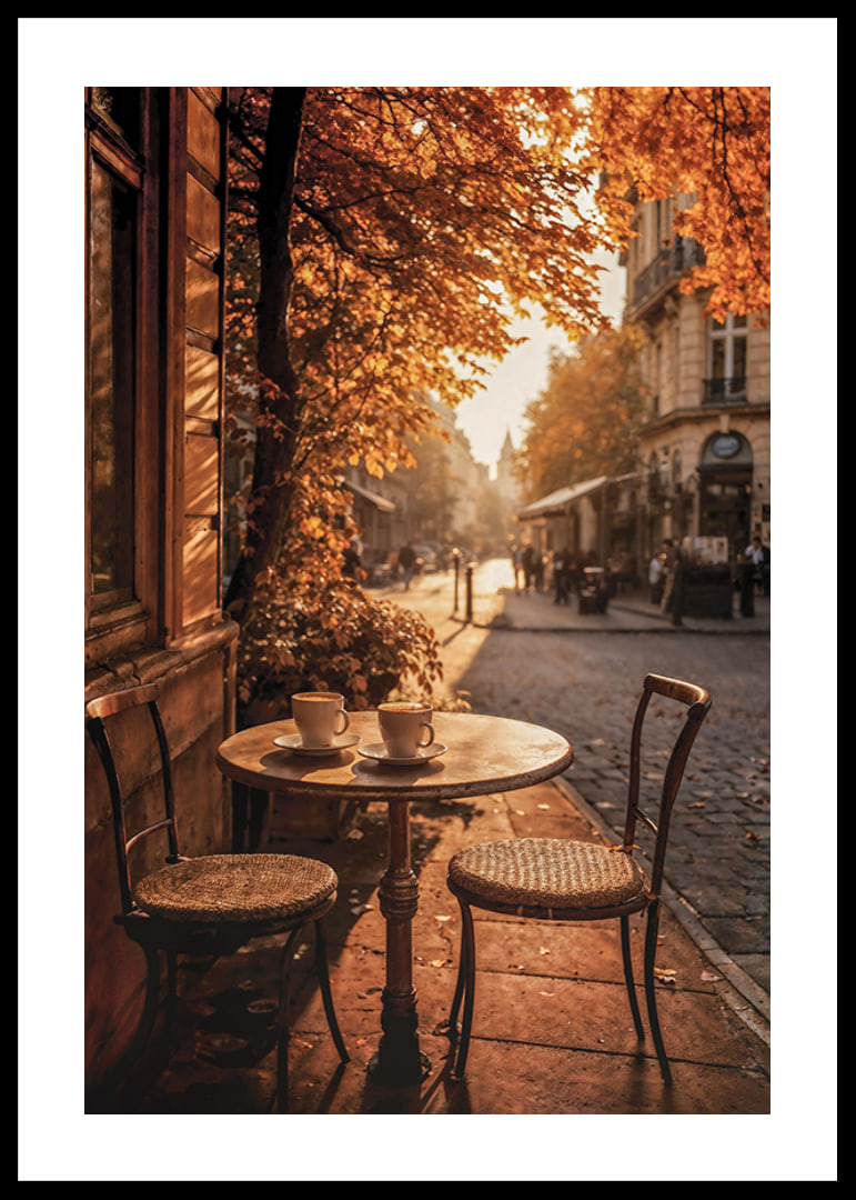 Café-Tisch mit zwei Stühlen auf einer gepflasterten Straße zwischen Herbstlaub-12