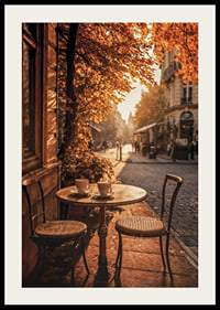 Café-Tisch mit zwei Stühlen auf einer gepflasterten Straße zwischen Herbstlaub-2