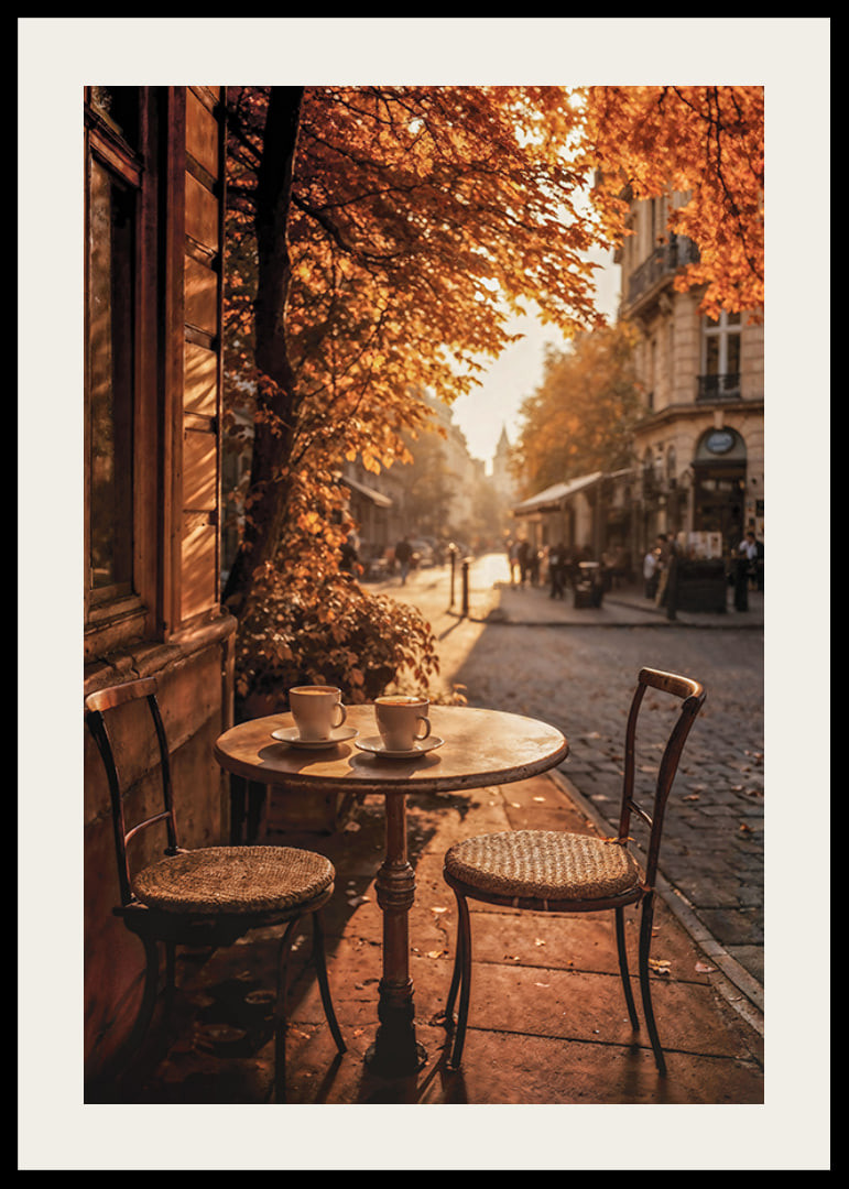 Café-Tisch mit zwei Stühlen auf einer gepflasterten Straße zwischen Herbstlaub-12