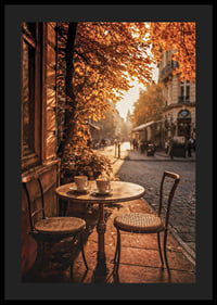 Café-Tisch mit zwei Stühlen auf einer gepflasterten Straße zwischen Herbstlaub-4
