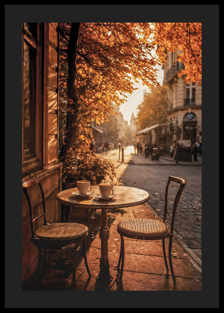 Cafébord med två stolar på stenlagd gata bland höstlöv-12