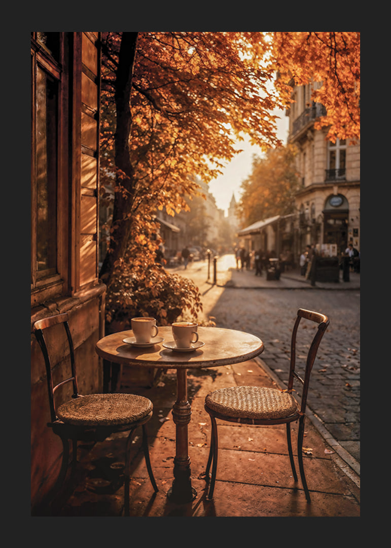 Café-Tisch mit zwei Stühlen auf einer gepflasterten Straße zwischen Herbstlaub-12