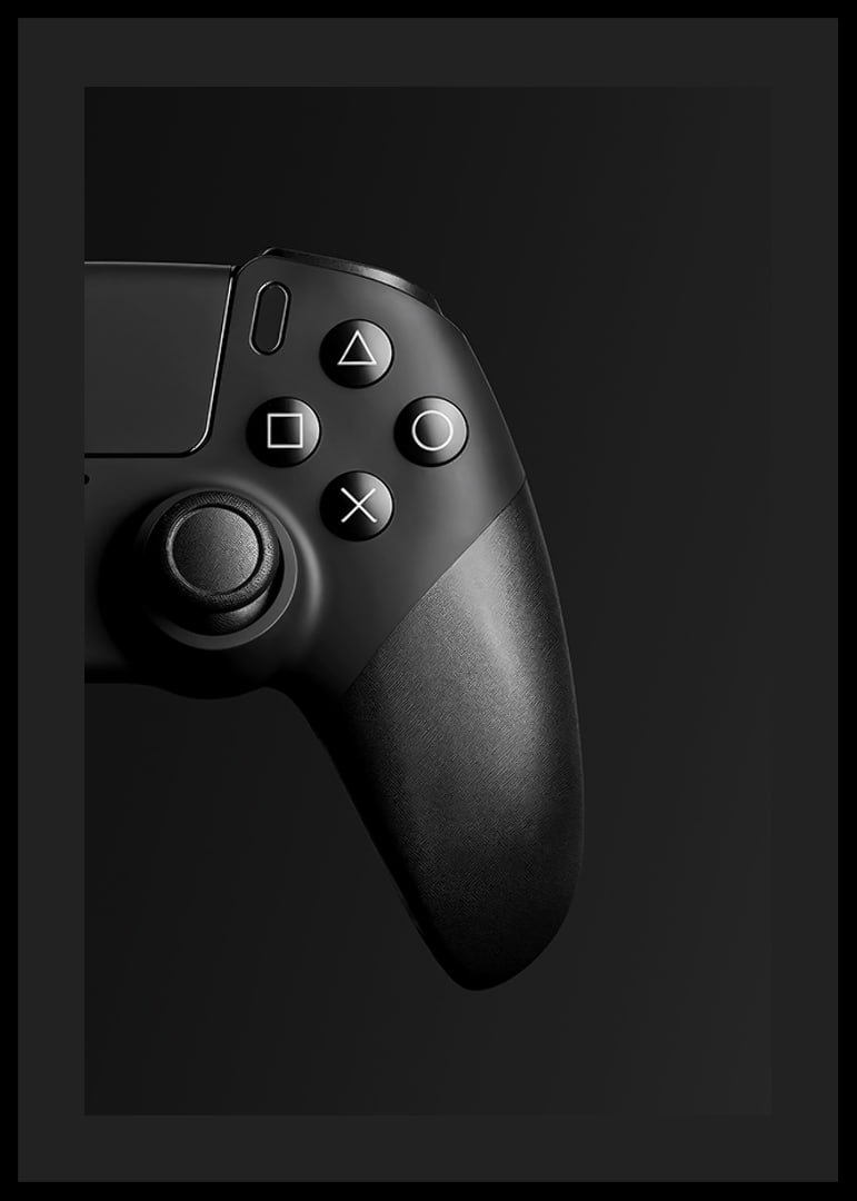 Close-up of black game controller with matte black background-12