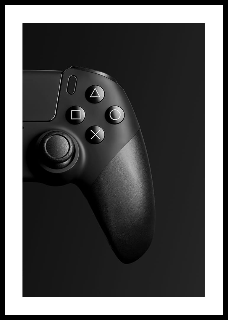 Close-up of black game controller with matte black background-12