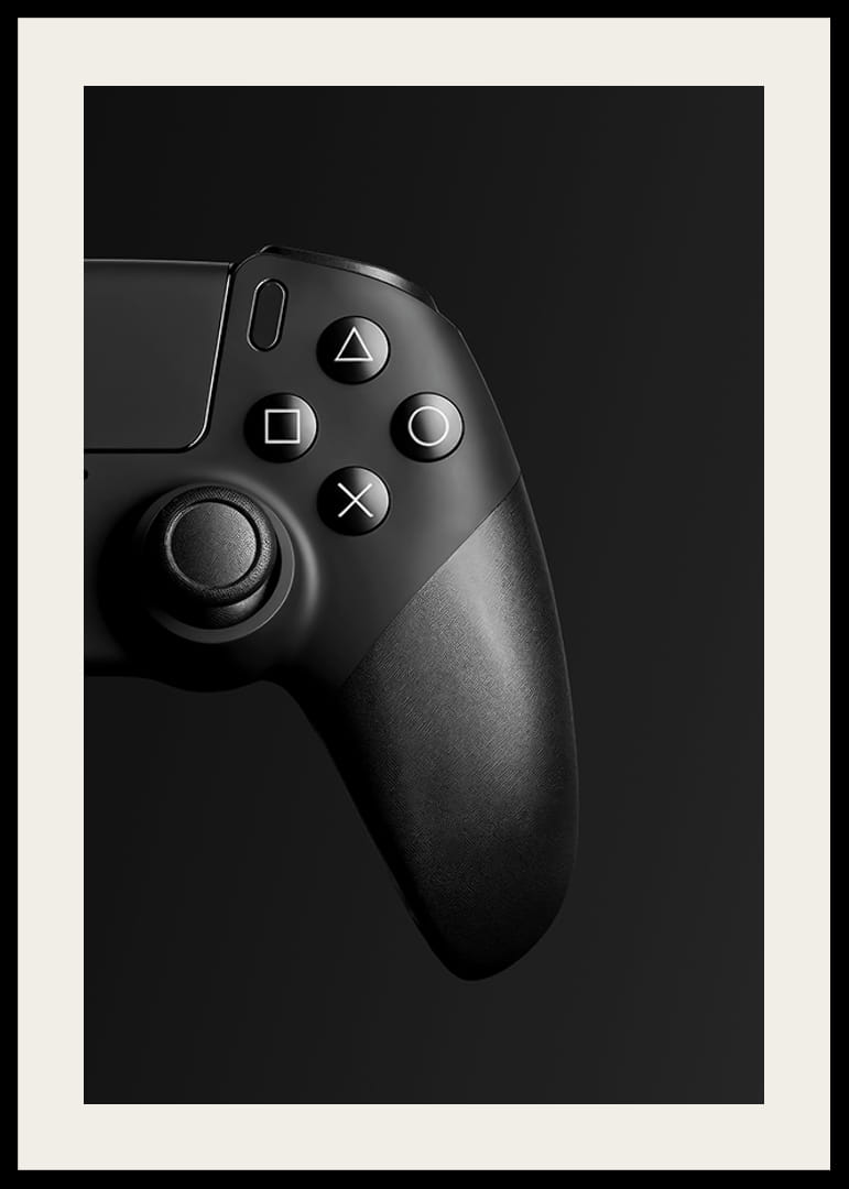 Close-up of black game controller with matte black background-12