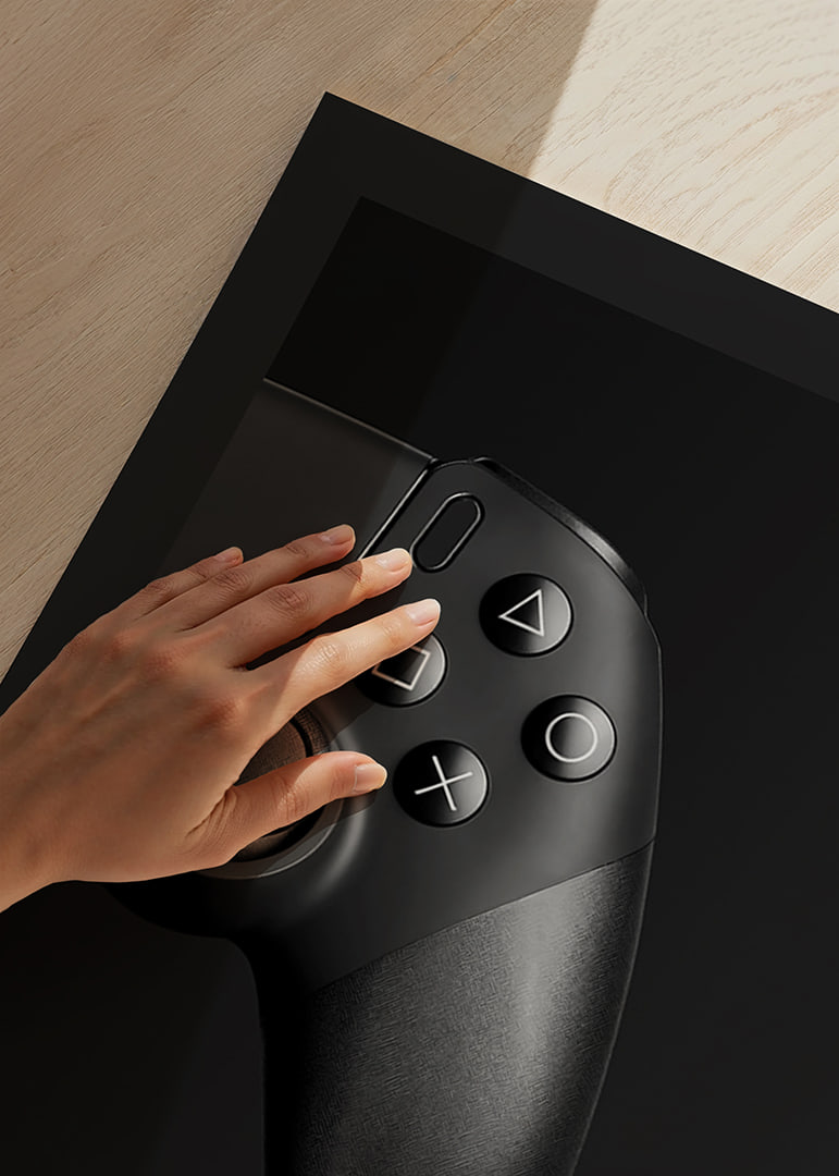 Close-up of black game controller with matte black background-12