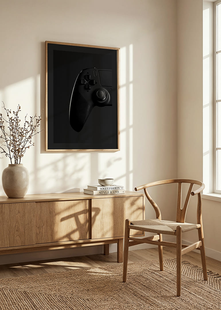 Svartvit närbild av spelkontroll med mjuk skuggning-12