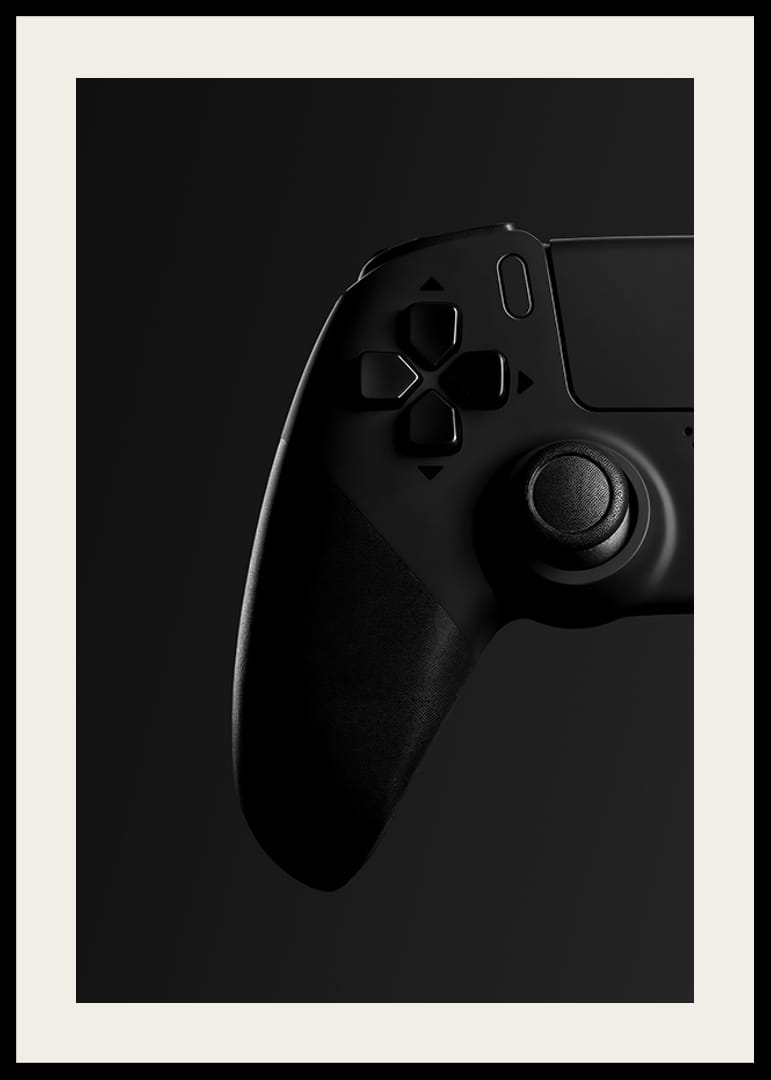 Gros plan noir et blanc d'une manette de jeu avec un ombrage doux-12