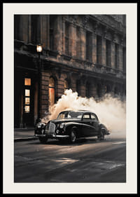 Black vintage car on city street with smoke and historic building-2