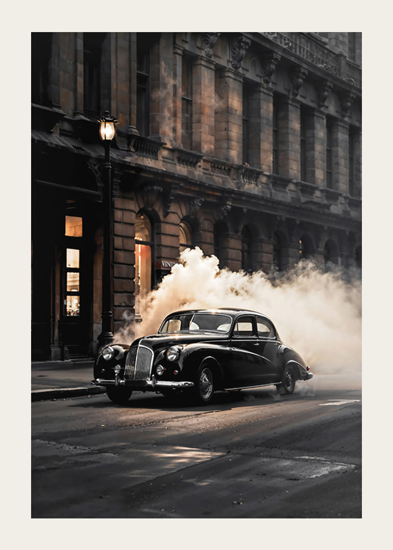 Black vintage car on city street with smoke and historic building-12
