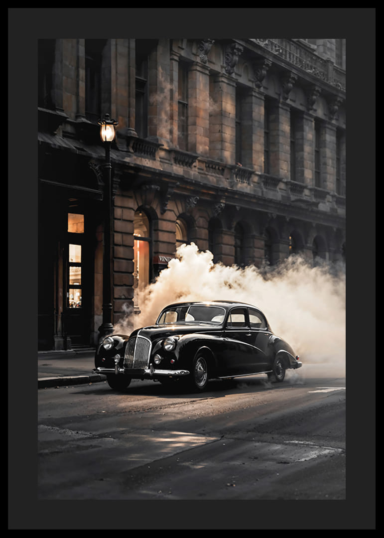 Black vintage car on city street with smoke and historic building-12