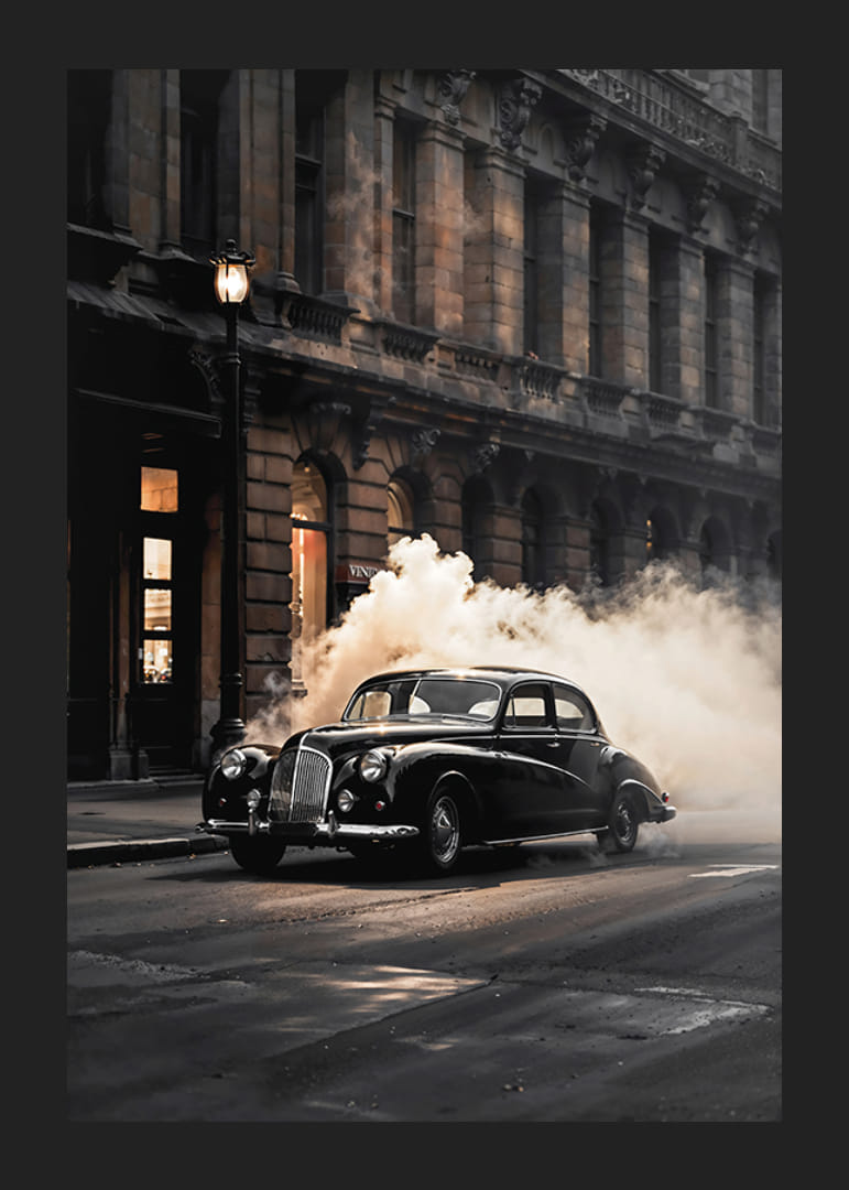 Black vintage car on city street with smoke and historic building-12