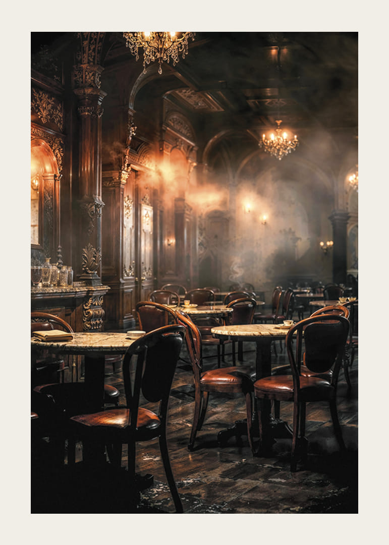 Motivo fotografico di un ambiente da caffè vecchio stile nei toni del marrone-12