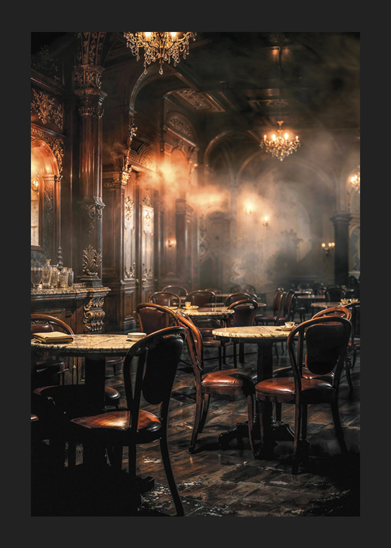 Photographic motif of an old-fashioned cafe environment in brown tones-12