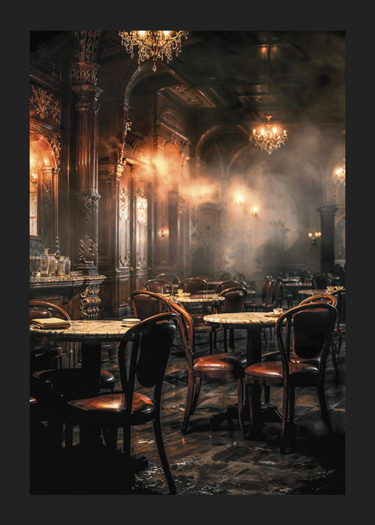 Motivo fotografico di un ambiente da caffè vecchio stile nei toni del marrone-12