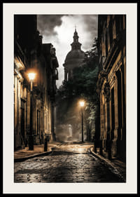 Photographie d'une vieille rue de la ville avec des pavés et des lampadaires-2