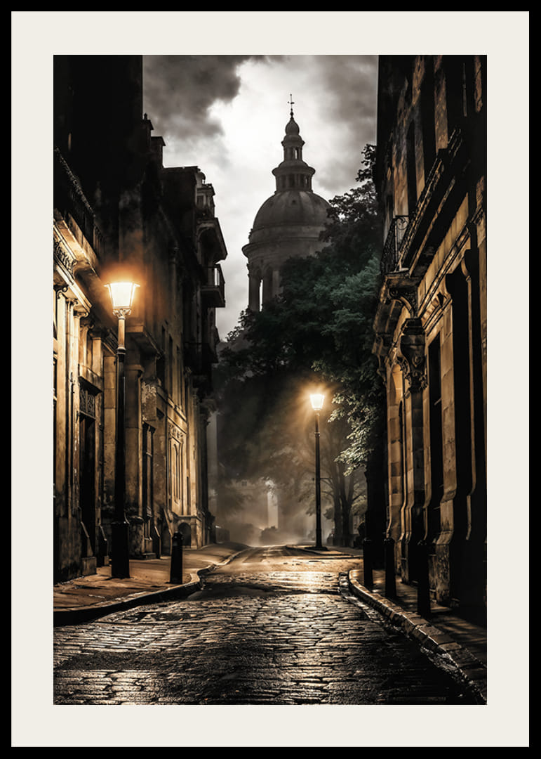 Photographie d'une vieille rue de la ville avec des pavés et des lampadaires-12