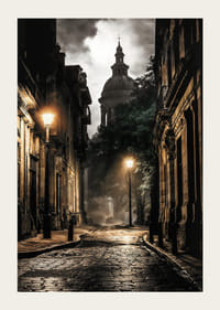 Photographie d'une vieille rue de la ville avec des pavés et des lampadaires-3