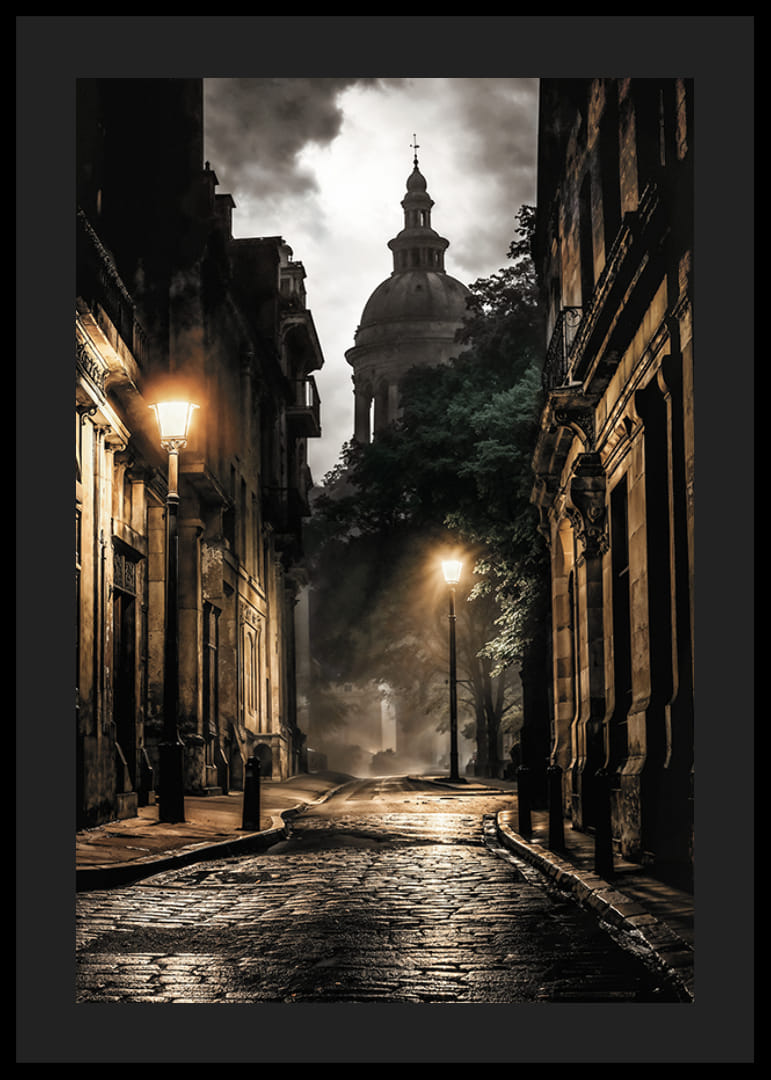 Photographie d'une vieille rue de la ville avec des pavés et des lampadaires-12