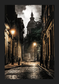 Photographie d'une vieille rue de la ville avec des pavés et des lampadaires-5