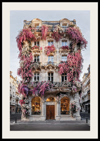 Photograph of classic facade covered in pink and white flowers-2